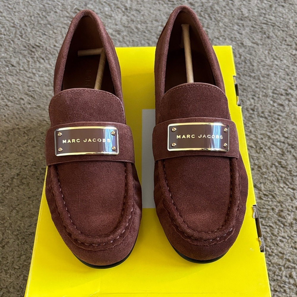 Marc Jacobs Burgundy Suede Loafers with Gold Accent